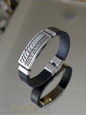 Впечатляващаа гривна от черна кожа и стомана в 2 размера, широка 1,4 см с гравирана плочка 5 см в сребристо , не променя цвета си - GS1490